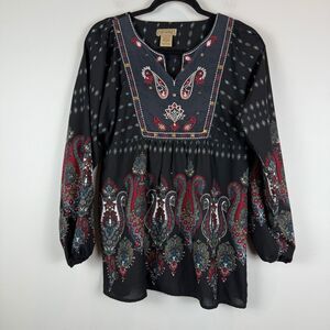Art And Soul Top Women Small Black Red Paisley Split Neck Long Sleeve Tunic Boho